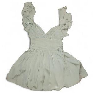 Saints + Secrets Sage Green Satin Ruffle Bow Mini Dress M